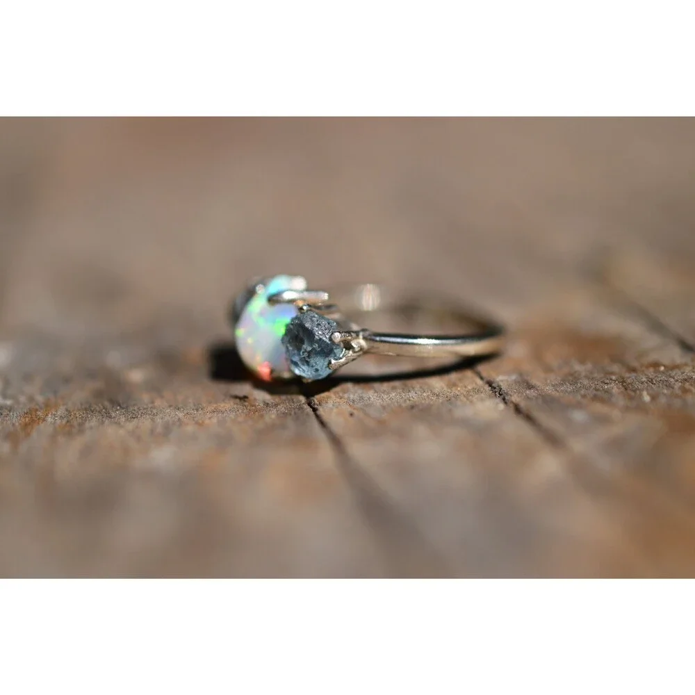 opal ring, Raw sapphire Gemstone, unique opal ring, jewelry for her, birthday gi